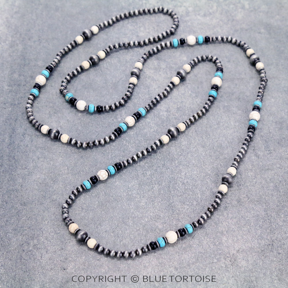 Navajo Style Pearl with Bead Long Necklace