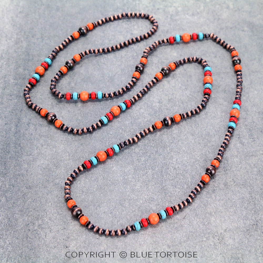 Navajo Style Pearl with Bead Long Necklace