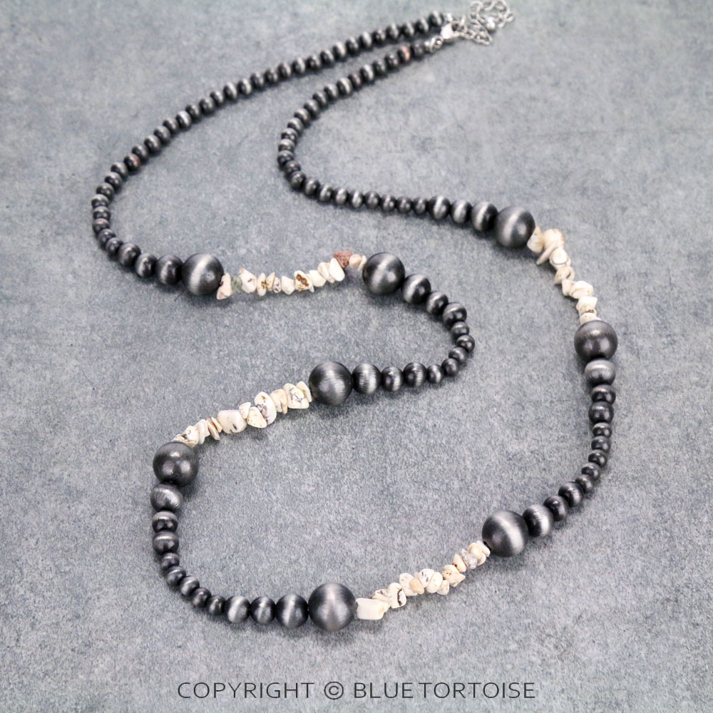 Navajo Style Pearl with Chip Bead Long Necklace
