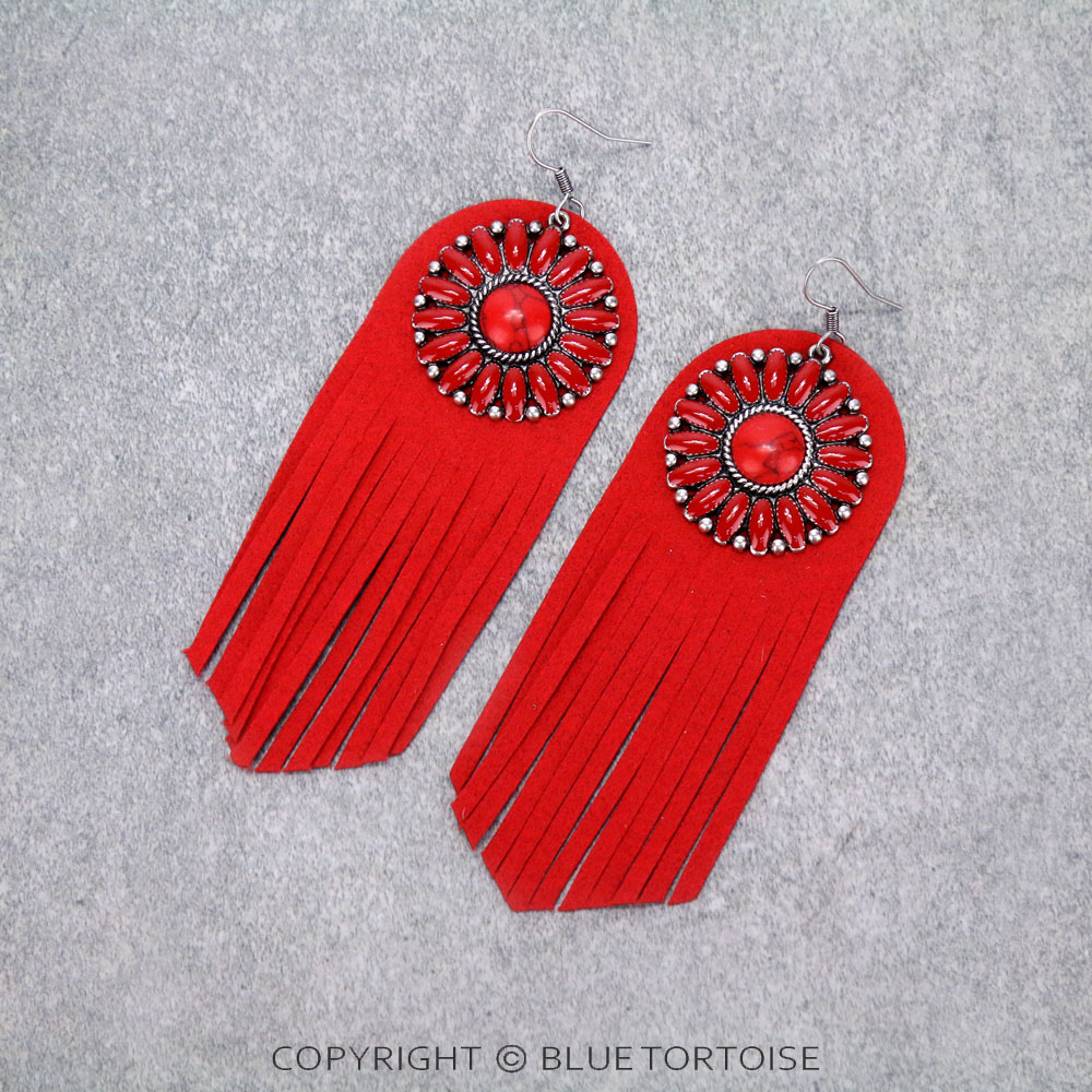 Concho Stone with Leather Tassel Dangle Earrings