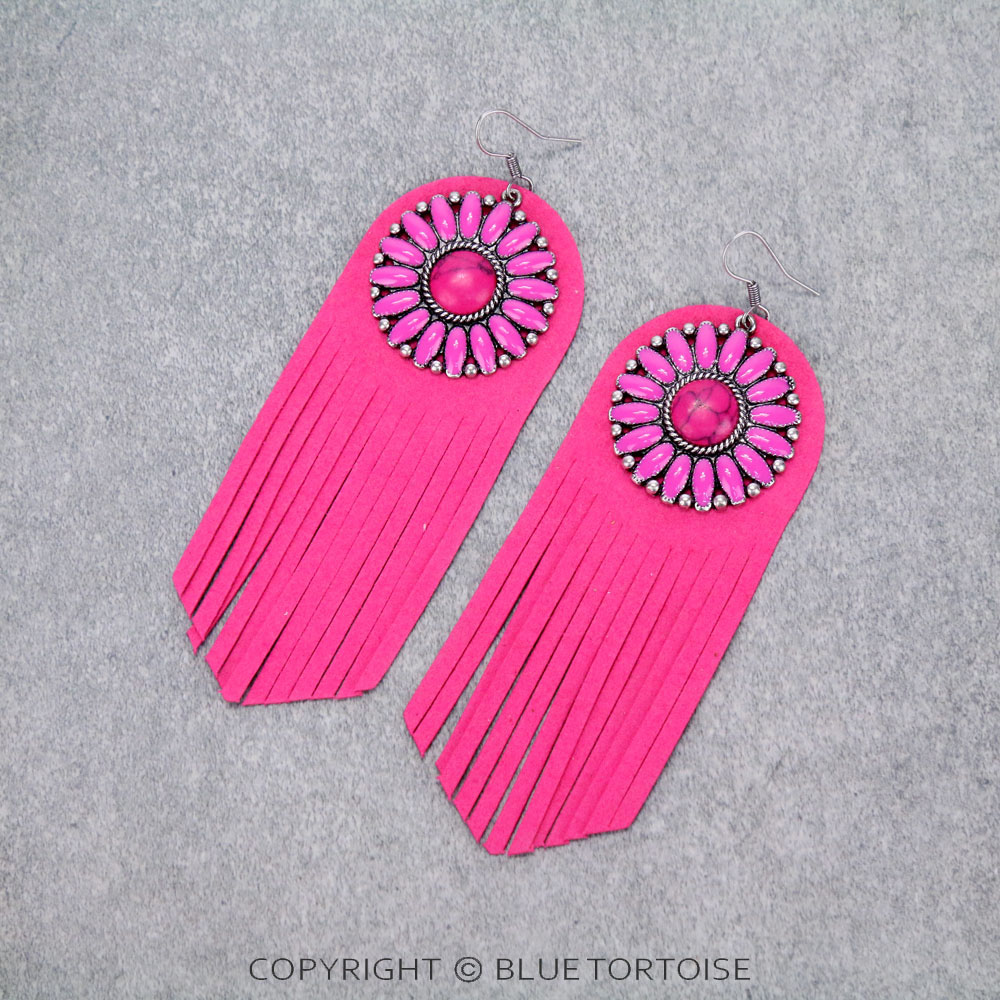 Concho Stone with Leather Tassel Dangle Earrings
