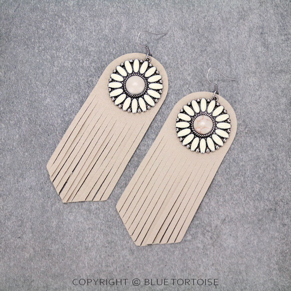 Concho Stone with Leather Tassel Dangle Earrings