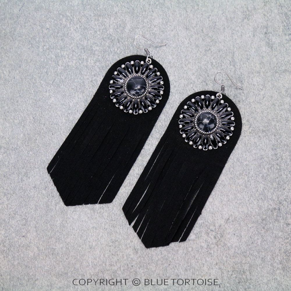 Concho Stone with Leather Tassel Dangle Earrings
