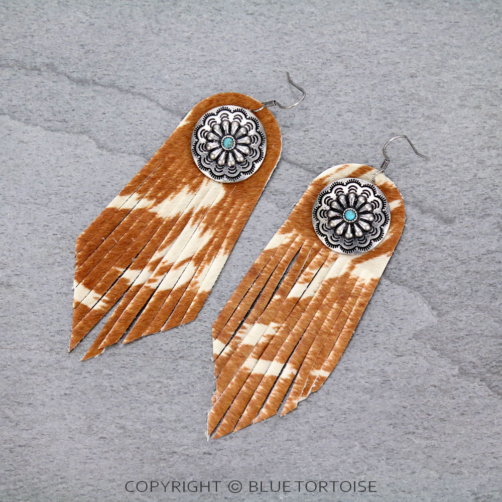 Genuine Leather Cow Fringe with Concho Dangle Earrings