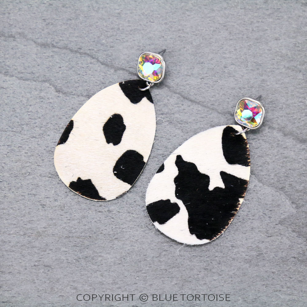 Genuine Leather Cow Teardrop with Glass Stone Stud Earrings