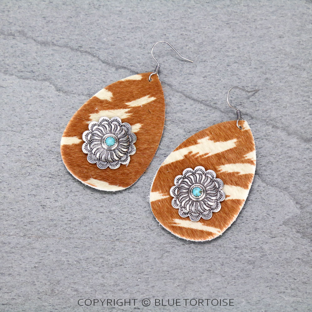 Genuine Leather Cow Teardrop with Concho Dangle Earrings
