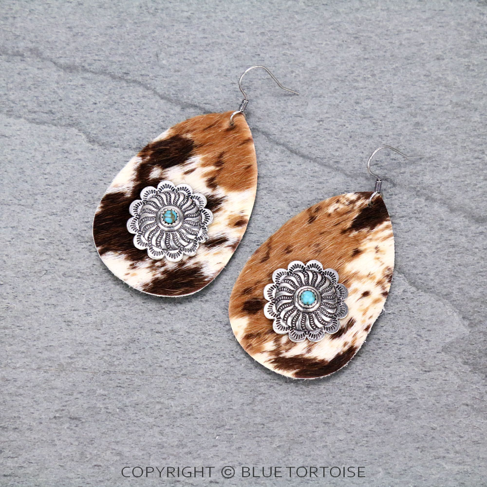 Genuine Leather Cow Teardrop with Concho Dangle Earrings