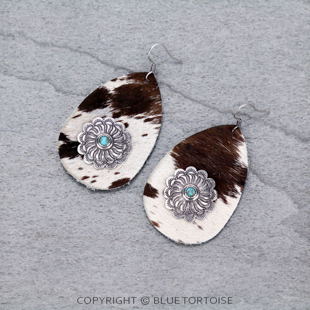 Genuine Leather Cow Teardrop with Concho Dangle Earrings