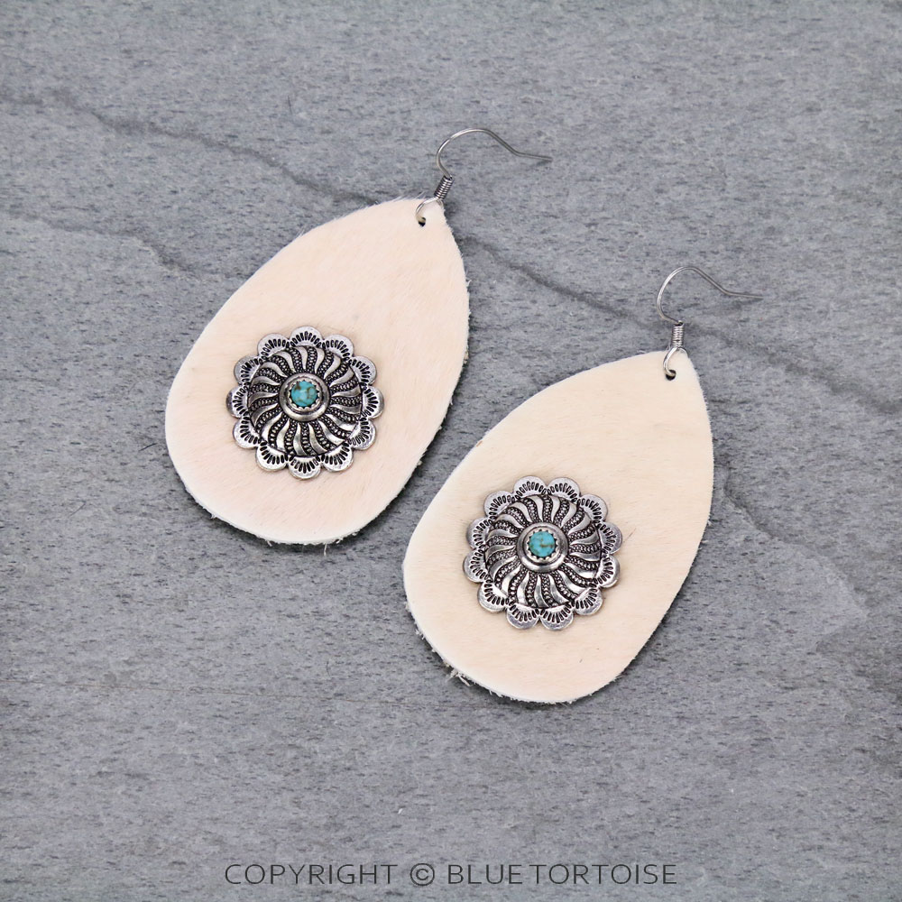 Genuine Leather Cow Teardrop with Concho Dangle Earrings