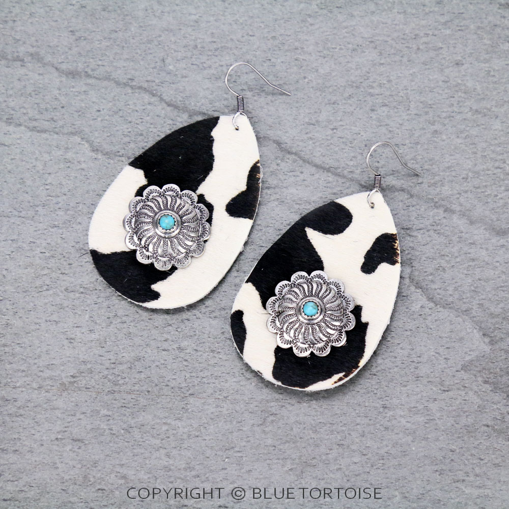 Genuine Leather Cow Teardrop with Concho Dangle Earrings