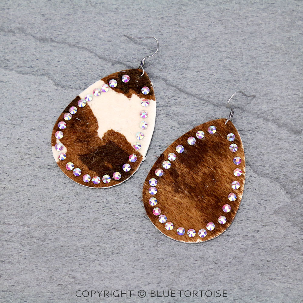 Genuine Leather Cow Teardrop with Rhinestone Dangle Earrings