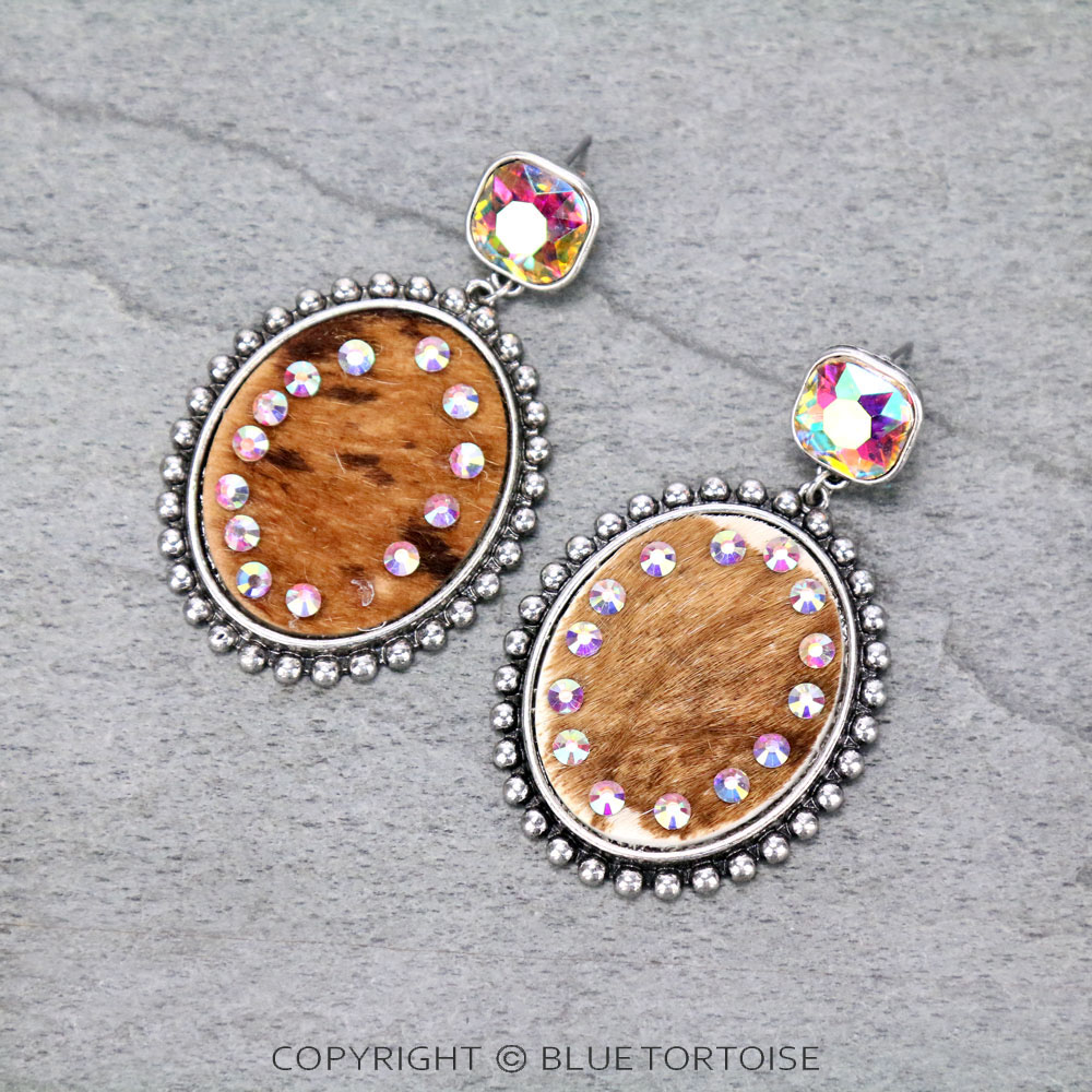 Genuine Leather Cow Oval with Glass Stone Stud Earrings