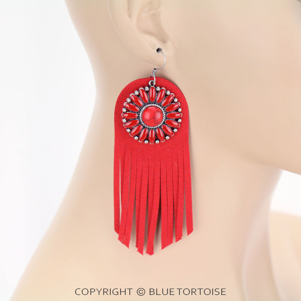 Concho Stone with Leather Tassel Dangle Earrings - Image 2