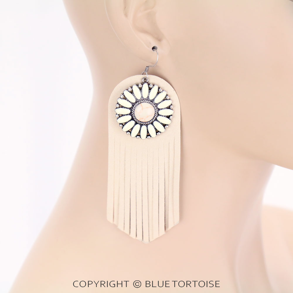 Concho Stone with Leather Tassel Dangle Earrings - Image 2