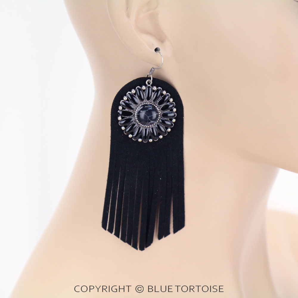 Concho Stone with Leather Tassel Dangle Earrings - Image 2
