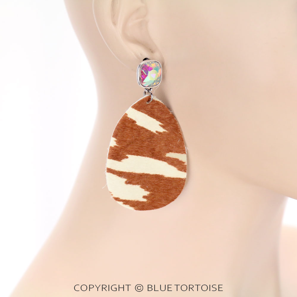 Genuine Leather Cow Teardrop with Glass Stone Stud Earrings - Image 2