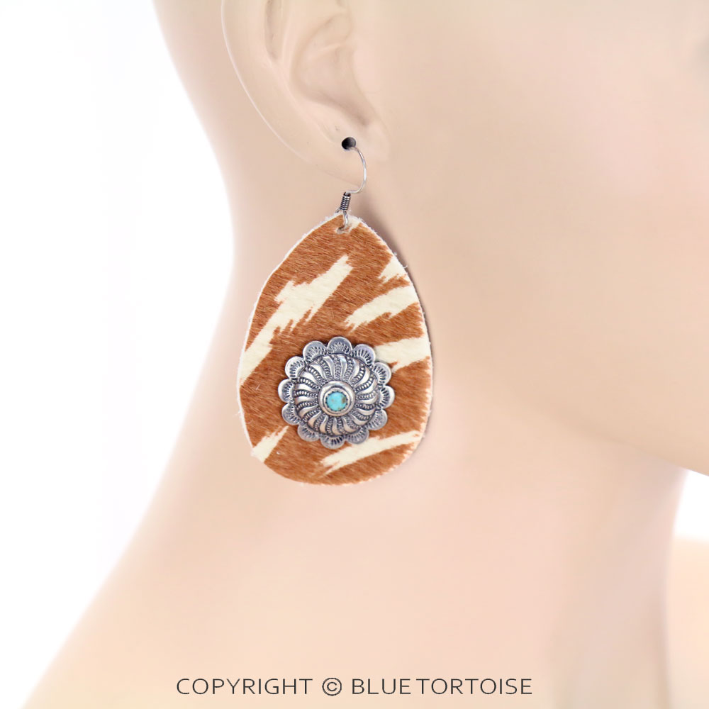 Genuine Leather Cow Teardrop with Concho Dangle Earrings - Image 2