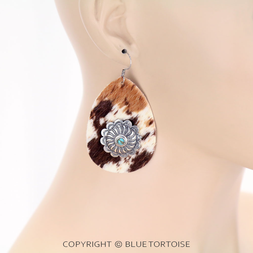 Genuine Leather Cow Teardrop with Concho Dangle Earrings - Image 2