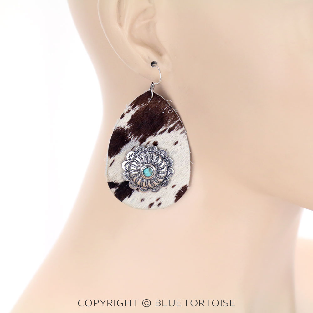 Genuine Leather Cow Teardrop with Concho Dangle Earrings - Image 2