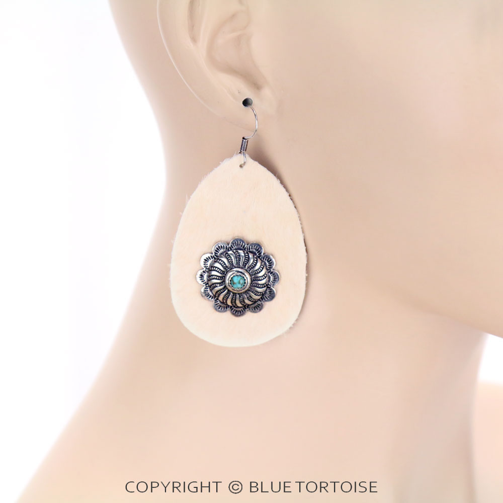 Genuine Leather Cow Teardrop with Concho Dangle Earrings - Image 2