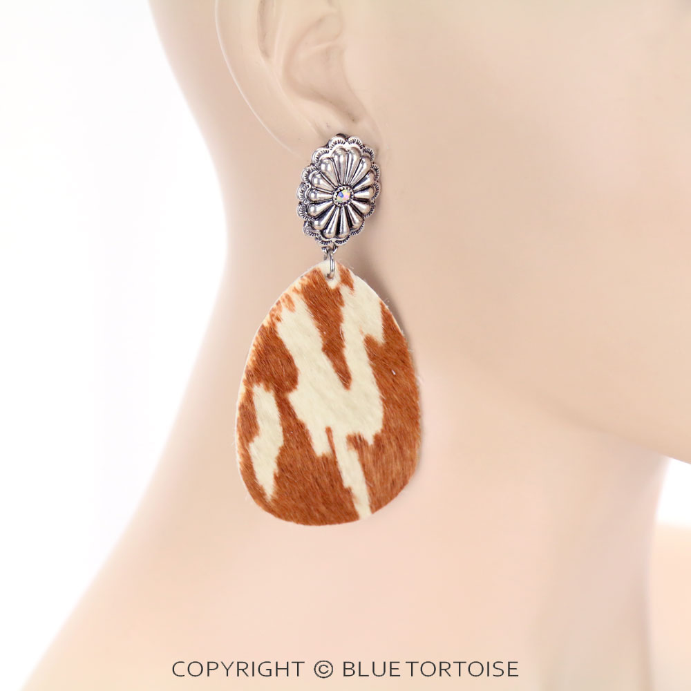 Genuine Leather Cow Teardrop with Concho Stud Earrings - Image 2
