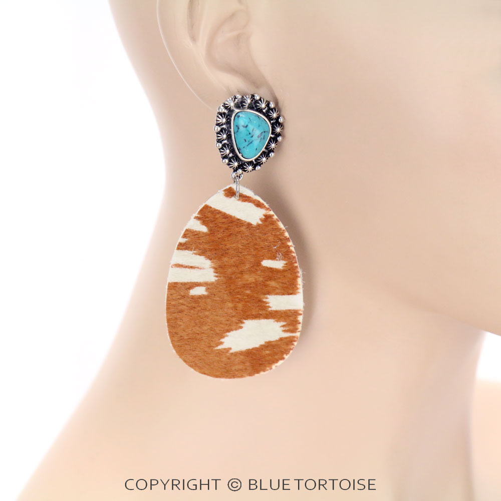 Genuine Leather Cow Teardrop with Stone Stud Earrings - Image 2