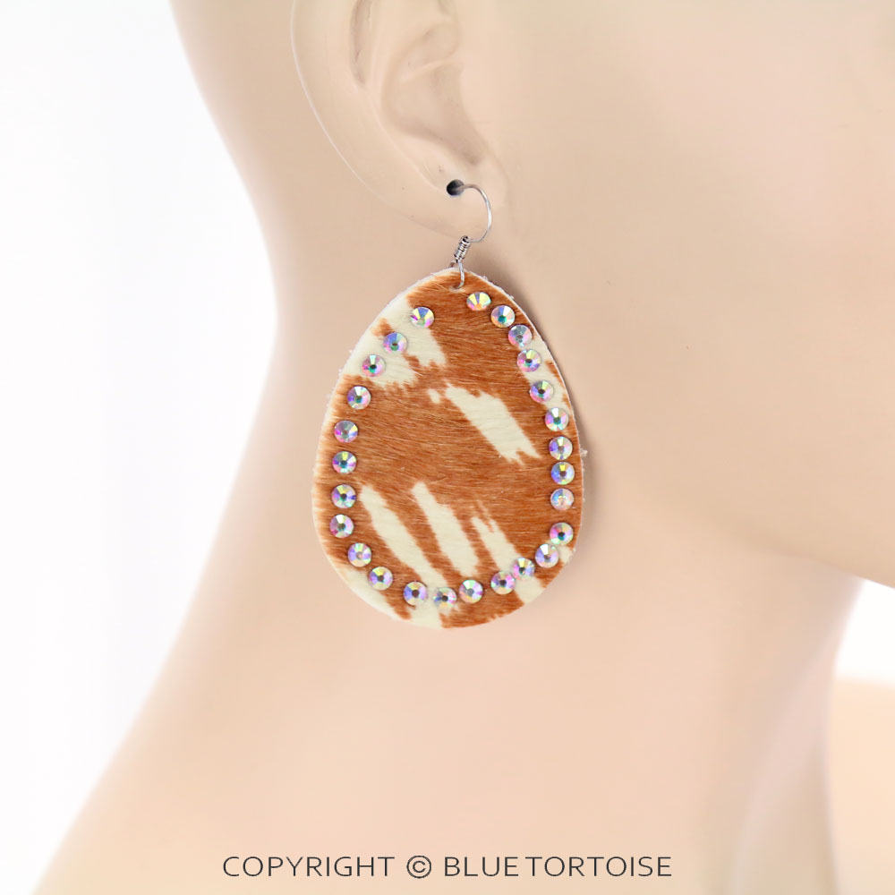 Genuine Leather Cow Teardrop with Rhinestone Dangle Earrings - Image 2