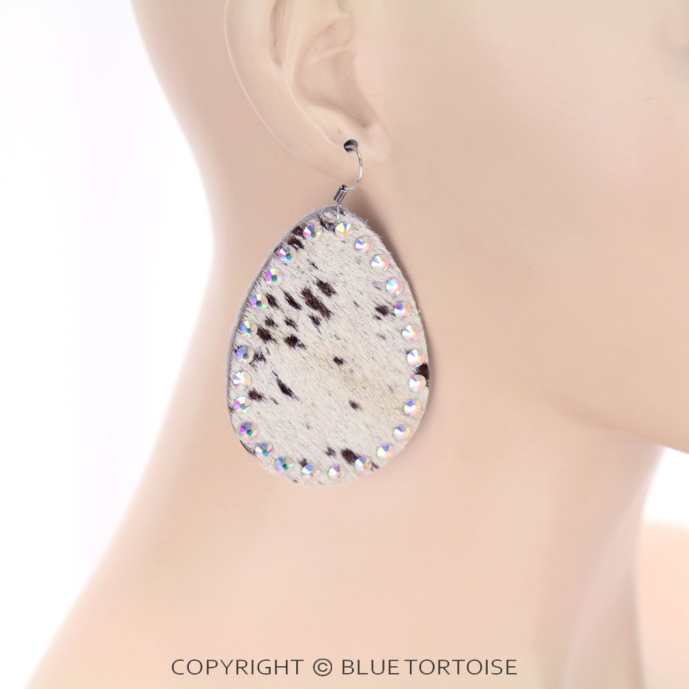 Genuine Leather Cow Teardrop with Rhinestone Dangle Earrings - Image 2