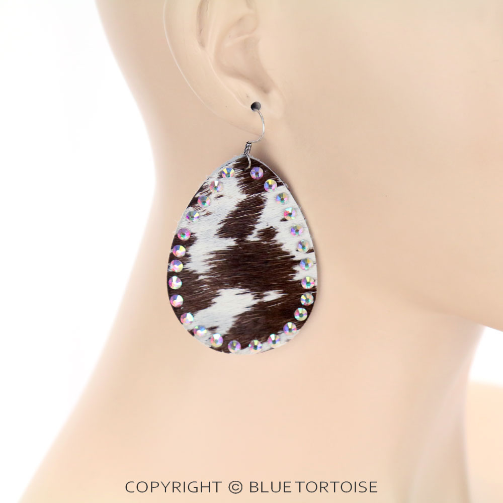 Genuine Leather Cow Teardrop with Rhinestone Dangle Earrings - Image 2