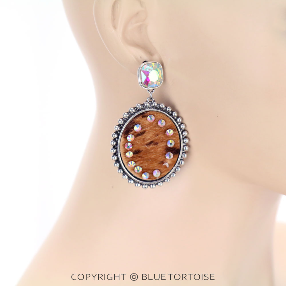 Genuine Leather Cow Oval with Glass Stone Stud Earrings - Image 2