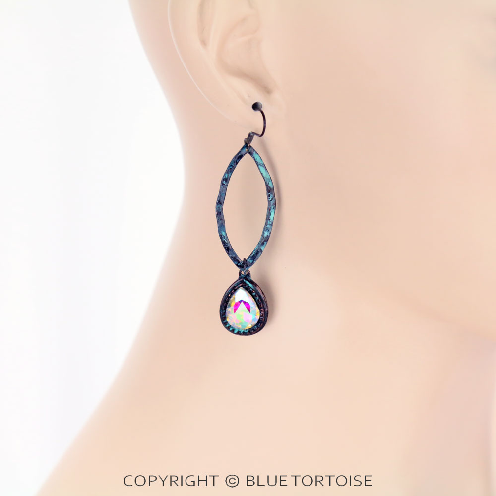 Oval with Glass Stone Dangle Earrings - Image 2