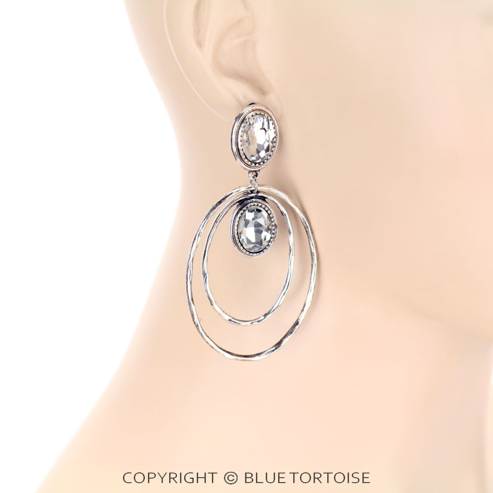 Oval with Glass Stone Stud Earrings - Image 2