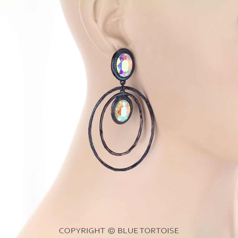 Oval with Glass Stone Stud Earrings - Image 2