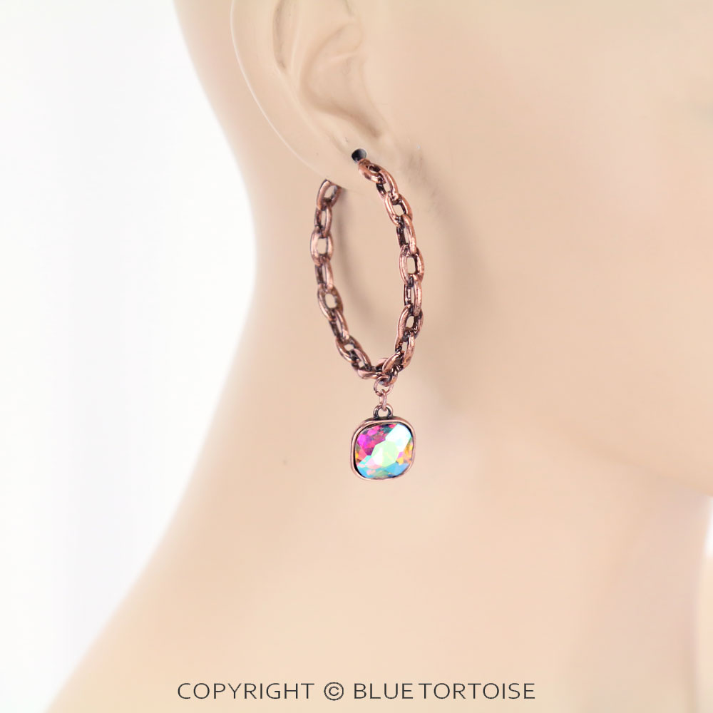 Chain Hoop with Glass Stone Earrings - Image 2