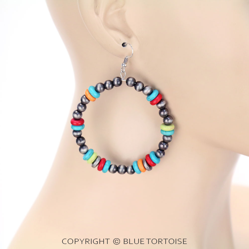 Navajo Style Pearl and bead Dangle Earrings - Image 2