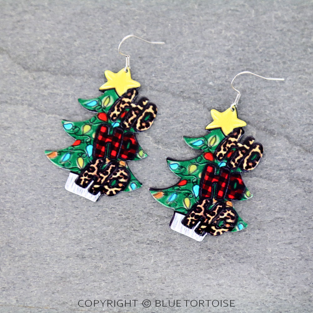 Christmas Tree "HO HO HO" Dangle Earrings