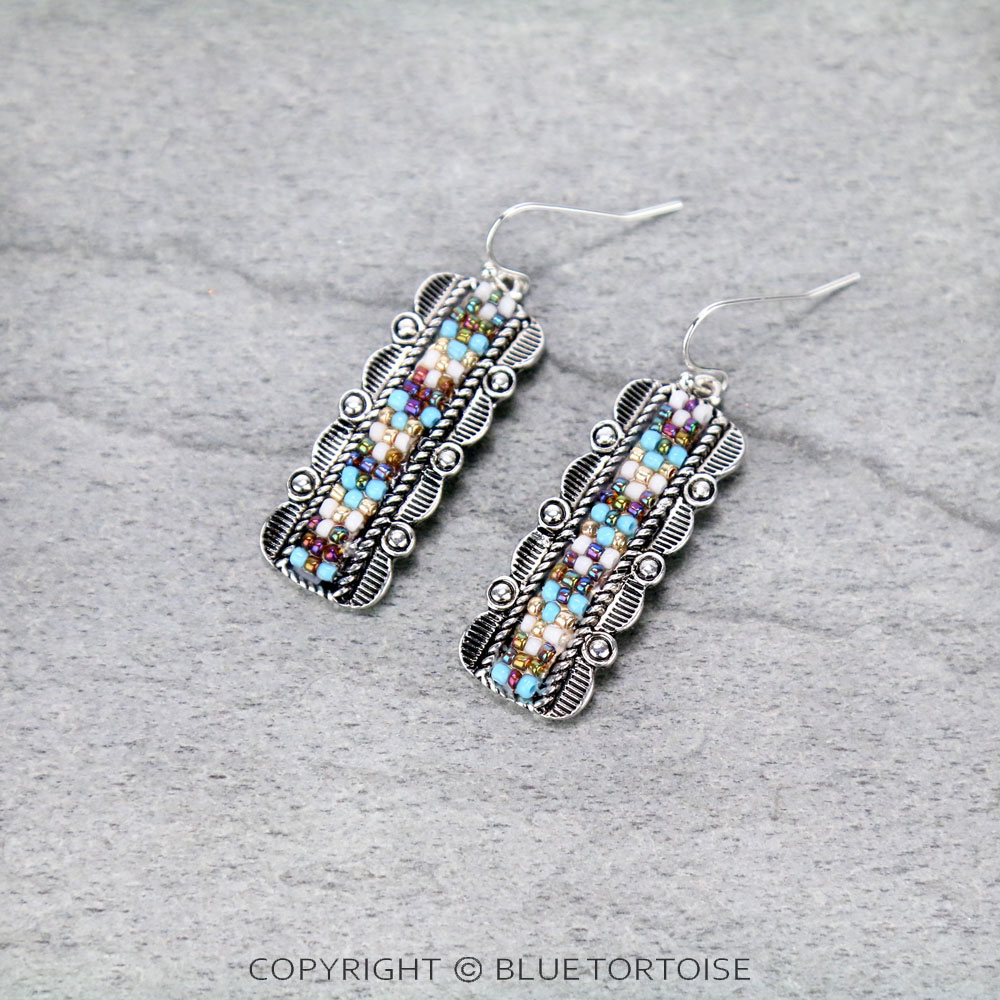 Western Seed Bead Rectangle Dangle Earrings