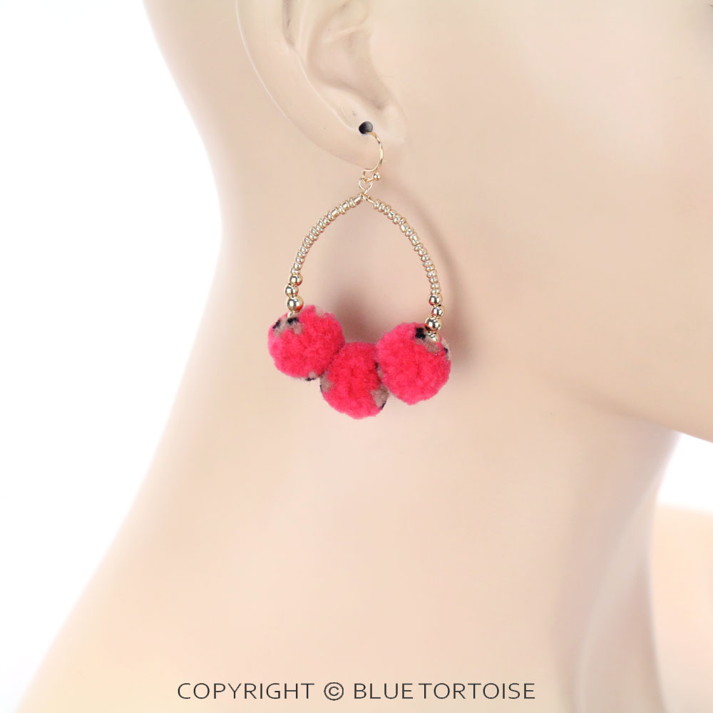 Leopard Pompom Teardrop Dangle Earrings - Image 2