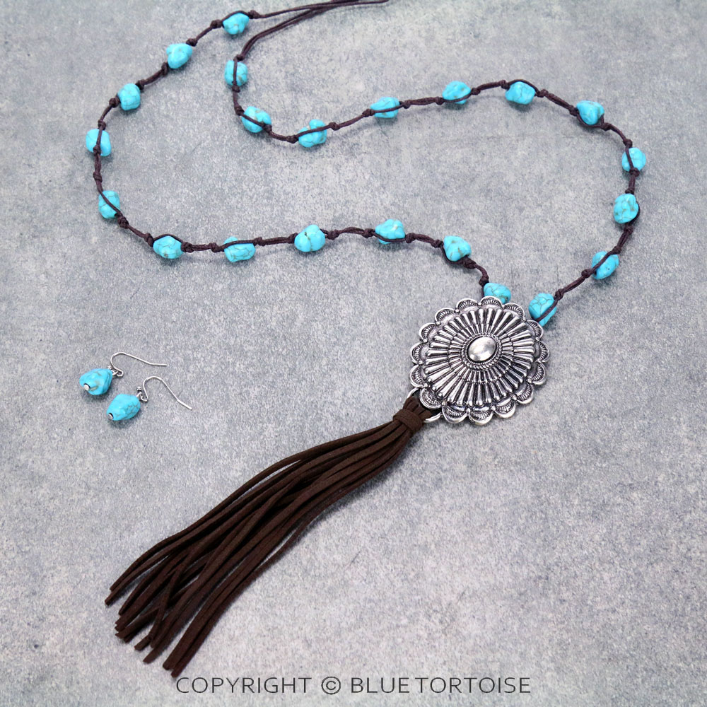 Western Semi Stone with Concho Pendant Tassel Necklace Set