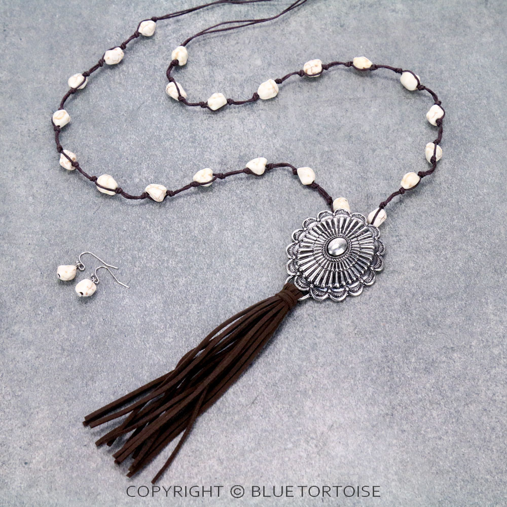 Western Semi Stone with Concho Pendant Tassel Necklace Set