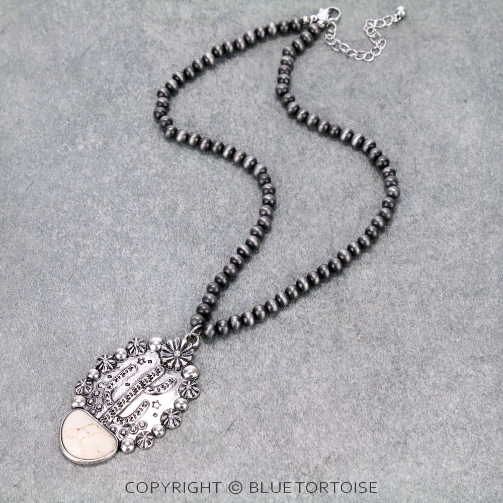 Western Navajo Style Pearl with Cactus Pendant Necklace