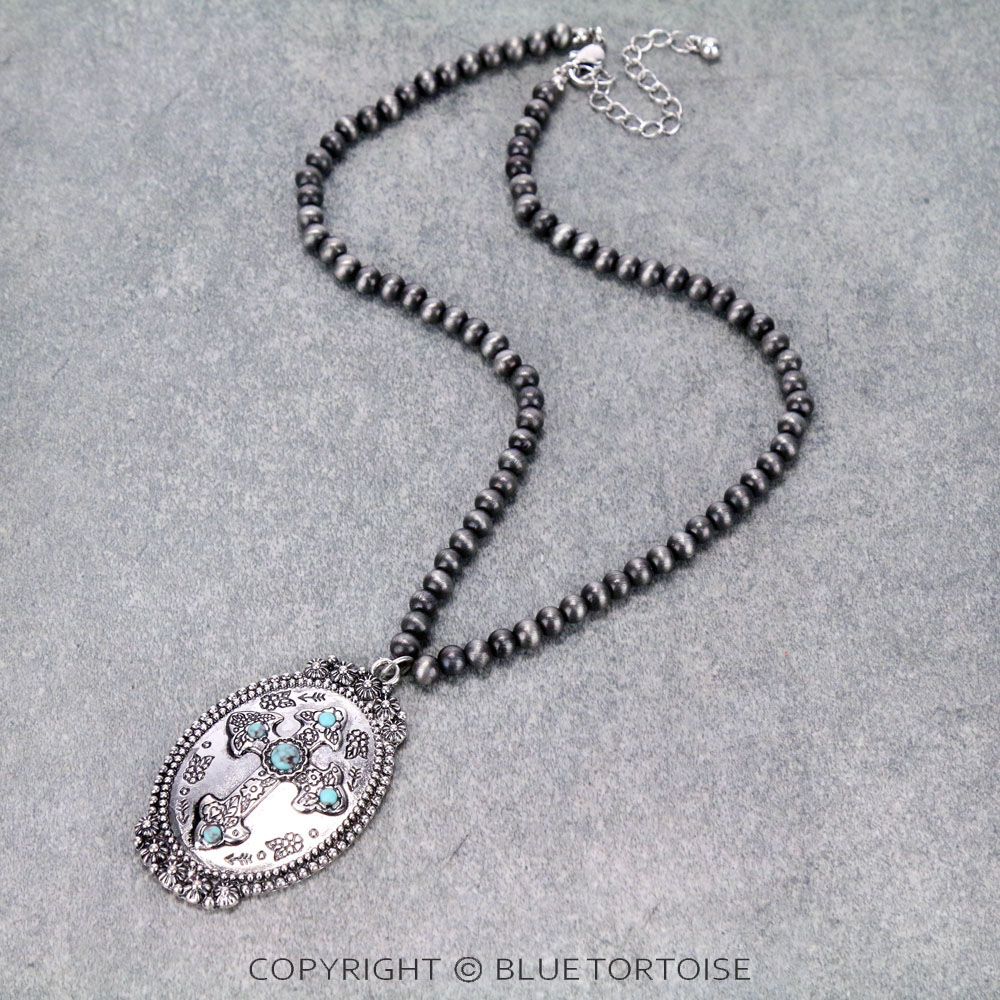 Western Navajo Style Pearl with Cross Pendant Necklace