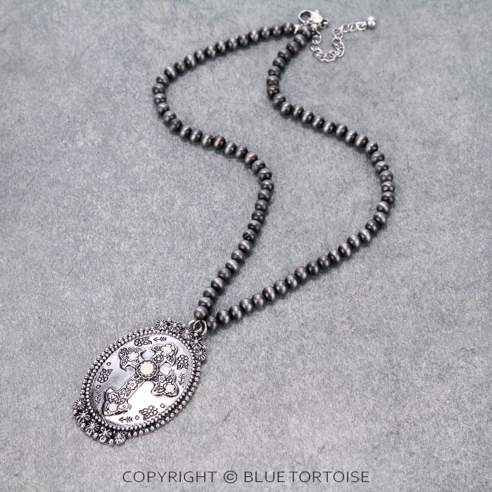 Western Navajo Style Pearl with Cross Pendant Necklace