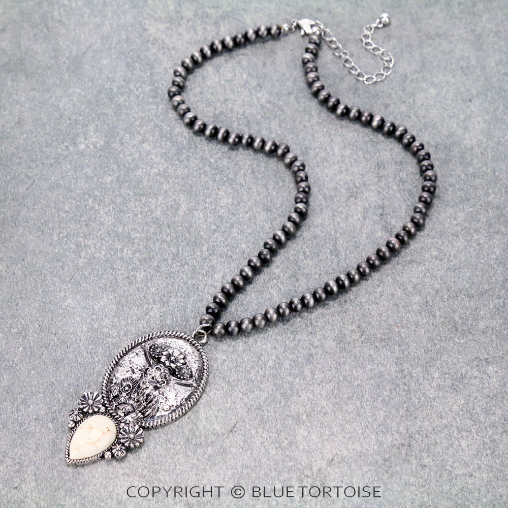Western Navajo Style Pearl with Steer Head Pendant Necklace