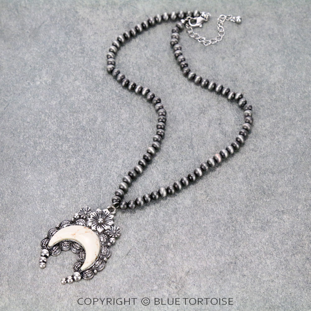 Western Navajo Style Pearl with Squash Blossom Pendant Necklace