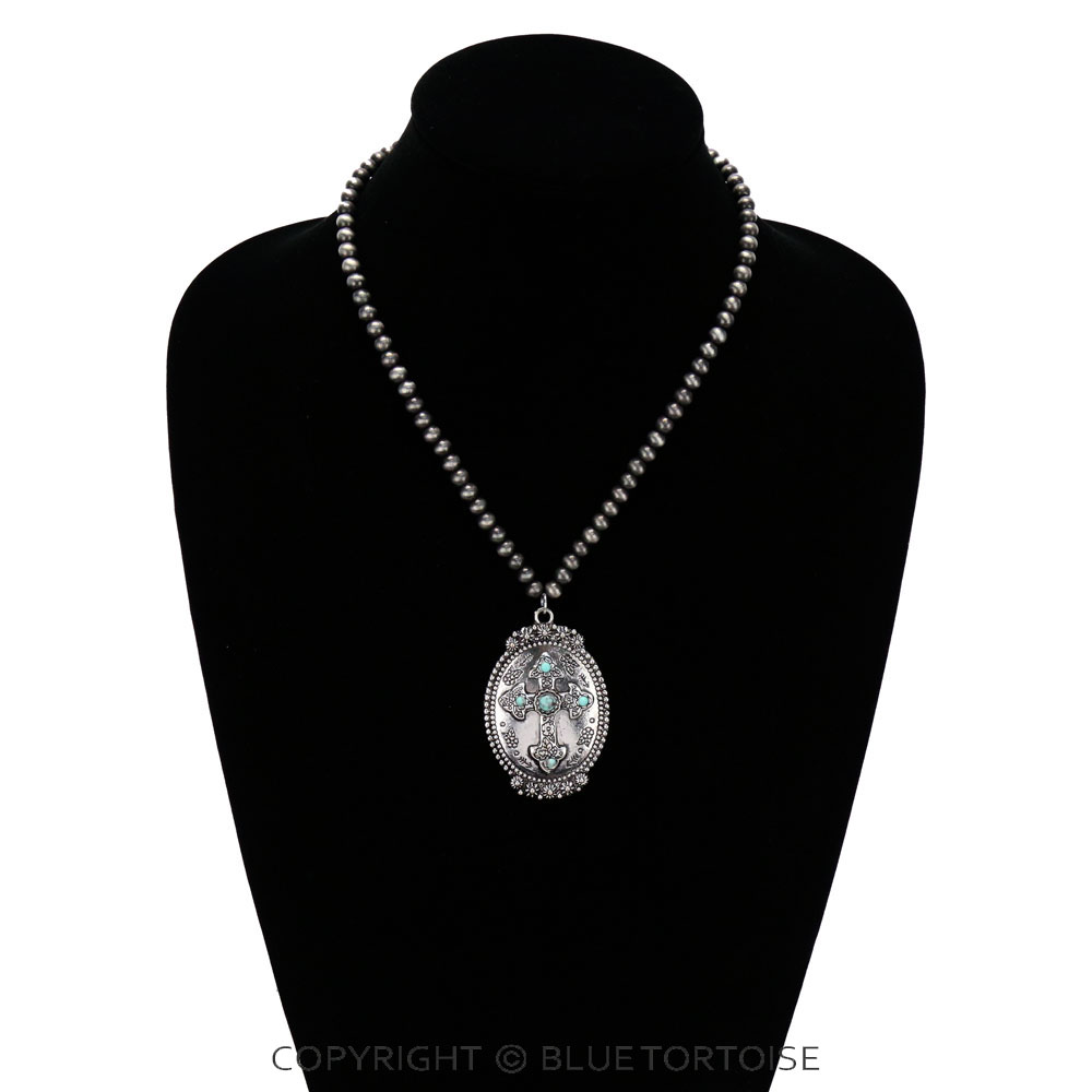 Western Navajo Style Pearl with Cross Pendant Necklace - Image 2