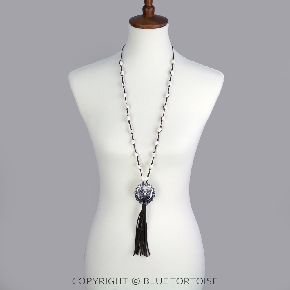 Western Semi Stone with Concho Pendant Tassel Necklace Set - Image 2