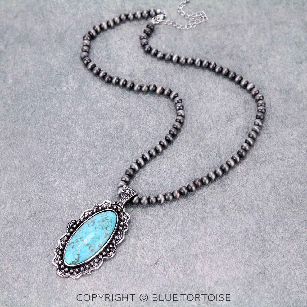 Navajo Style Bead with Stone Pendant Necklace