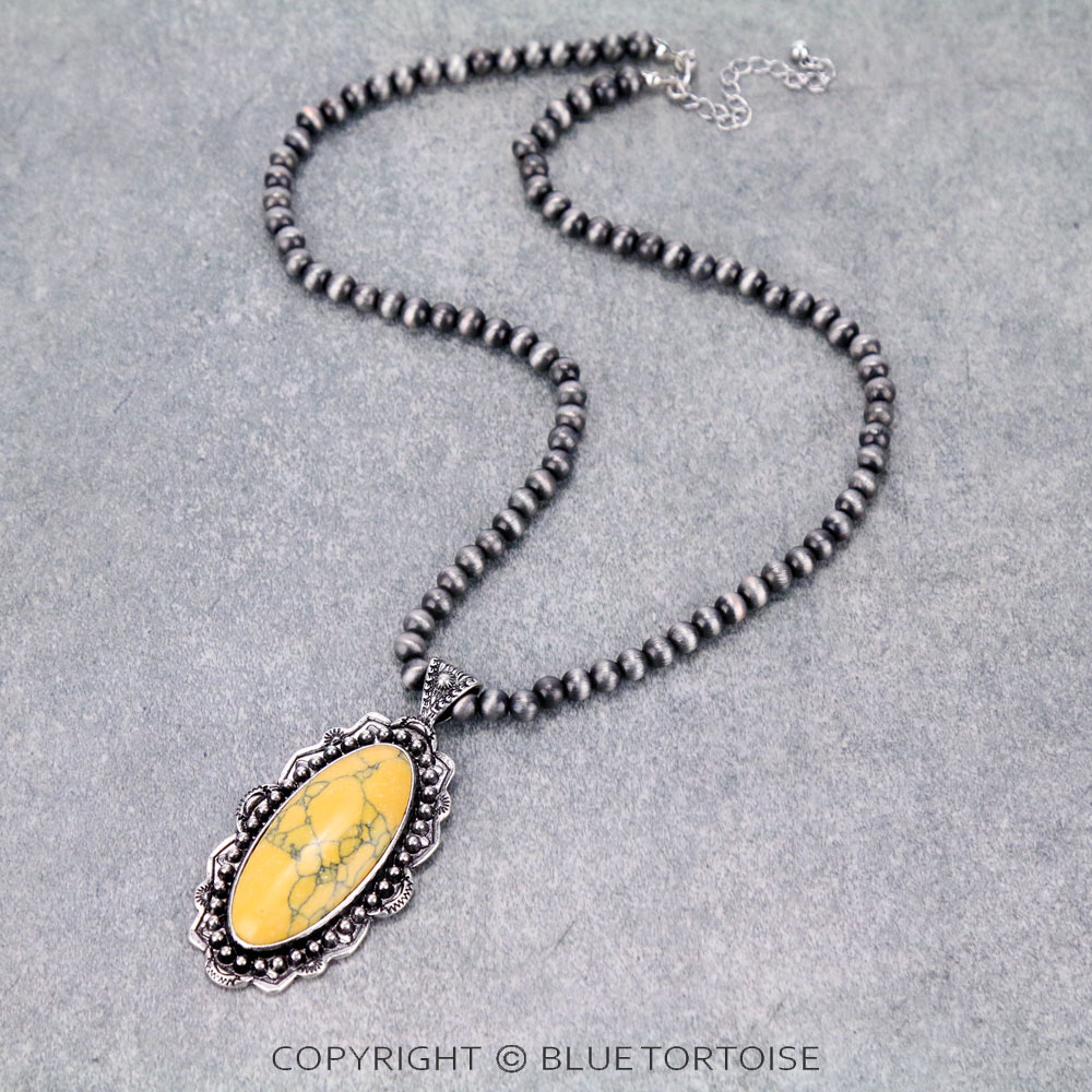 Navajo Style Bead with Stone Pendant Necklace