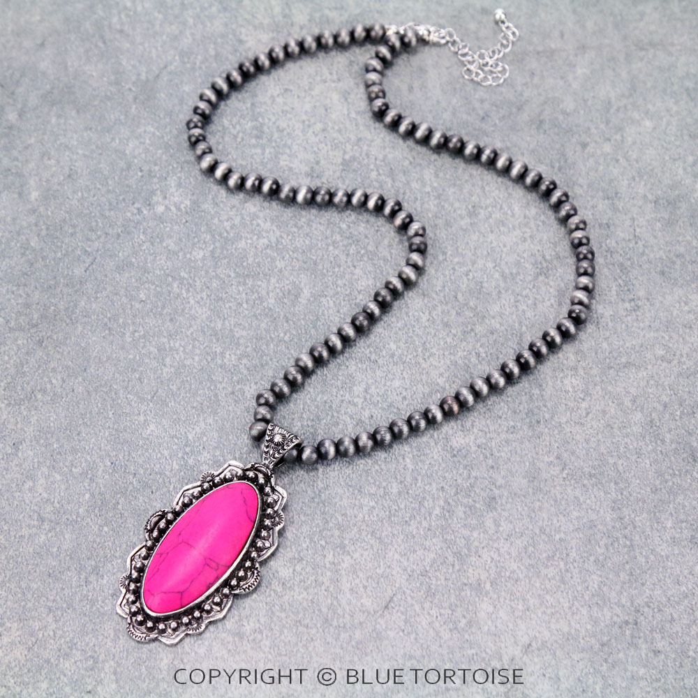 Navajo Style Bead with Stone Pendant Necklace